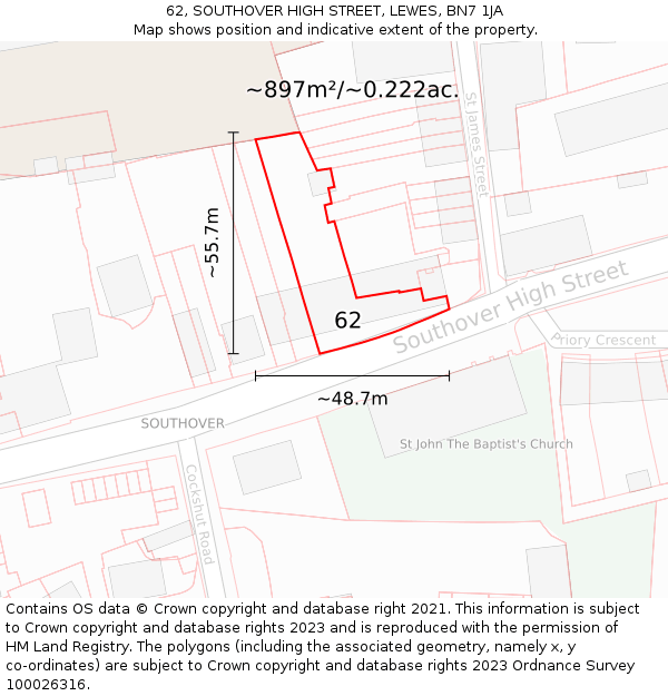 62, SOUTHOVER HIGH STREET, LEWES, BN7 1JA: Plot and title map