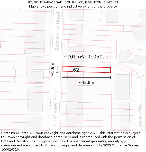 62, SOUTHVIEW ROAD, SOUTHWICK, BRIGHTON, BN42 4TT: Plot and title map