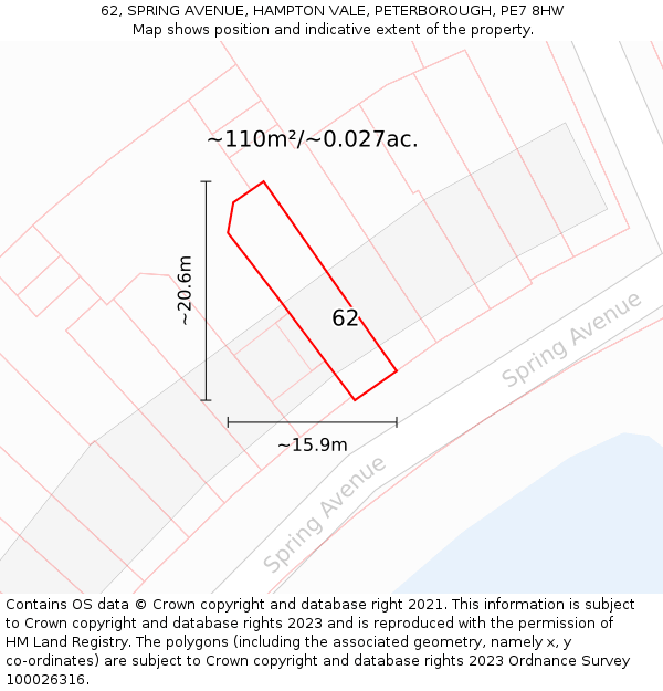 62, SPRING AVENUE, HAMPTON VALE, PETERBOROUGH, PE7 8HW: Plot and title map