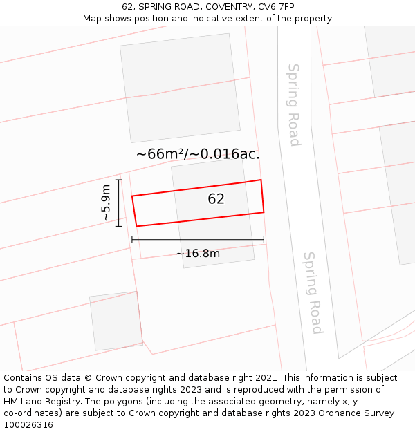 62, SPRING ROAD, COVENTRY, CV6 7FP: Plot and title map