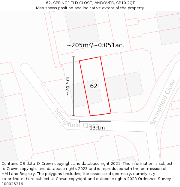 62, SPRINGFIELD CLOSE, ANDOVER, SP10 2QT: Plot and title map