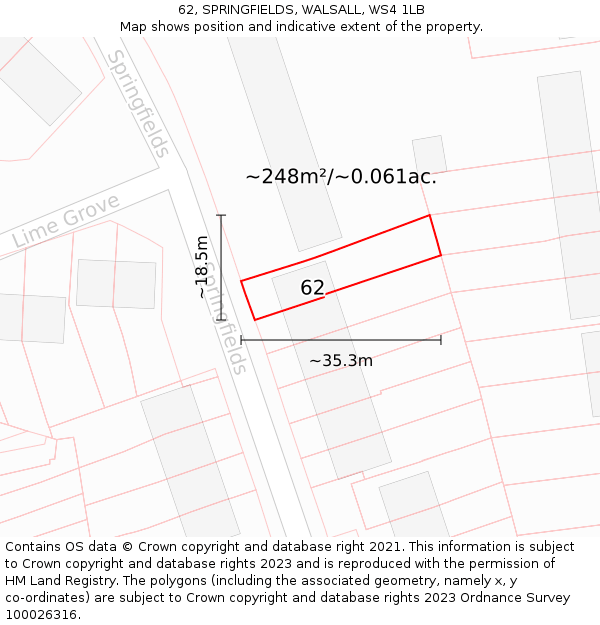 62, SPRINGFIELDS, WALSALL, WS4 1LB: Plot and title map