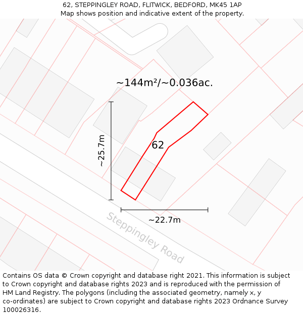 62, STEPPINGLEY ROAD, FLITWICK, BEDFORD, MK45 1AP: Plot and title map