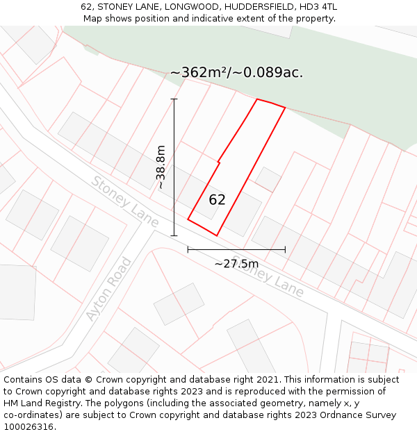 62, STONEY LANE, LONGWOOD, HUDDERSFIELD, HD3 4TL: Plot and title map