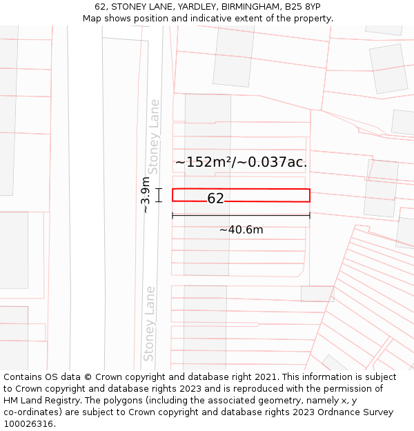 62, STONEY LANE, YARDLEY, BIRMINGHAM, B25 8YP: Plot and title map