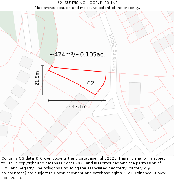 62, SUNRISING, LOOE, PL13 1NF: Plot and title map