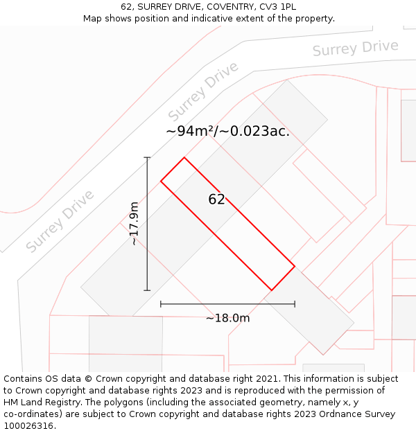 62, SURREY DRIVE, COVENTRY, CV3 1PL: Plot and title map