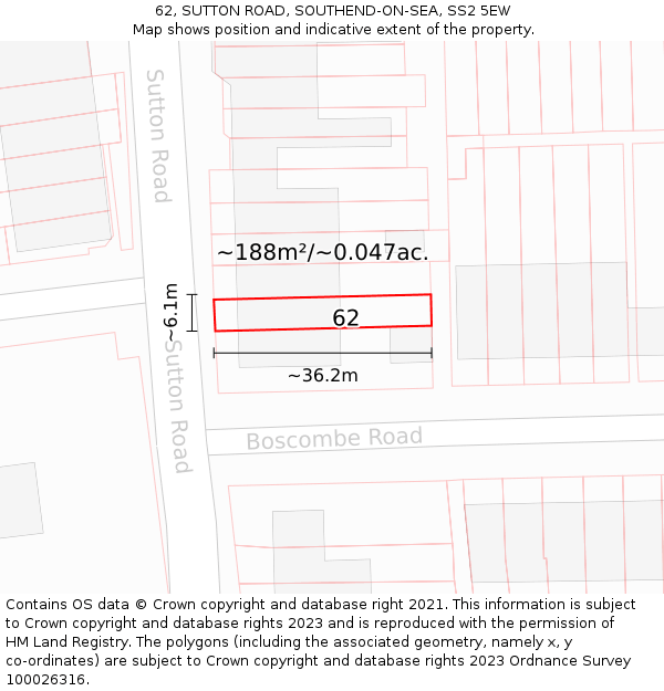 62, SUTTON ROAD, SOUTHEND-ON-SEA, SS2 5EW: Plot and title map