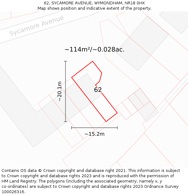 62, SYCAMORE AVENUE, WYMONDHAM, NR18 0HX: Plot and title map