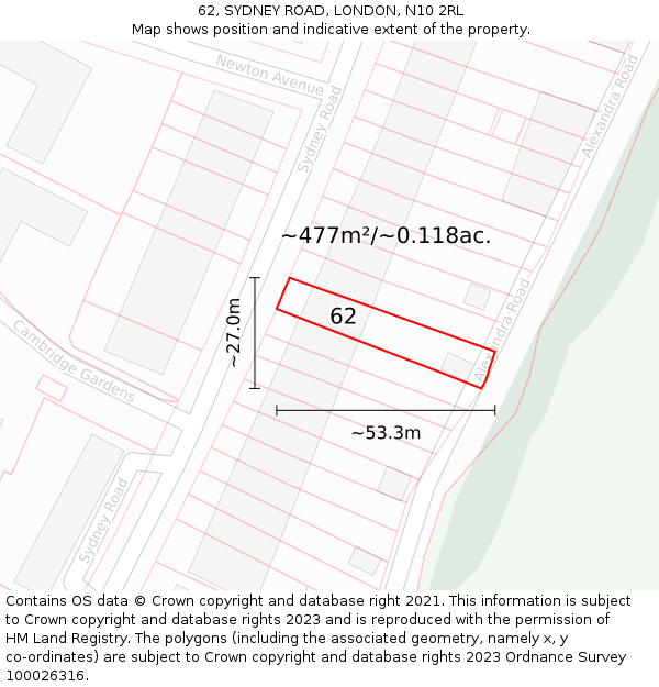 62, SYDNEY ROAD, LONDON, N10 2RL: Plot and title map