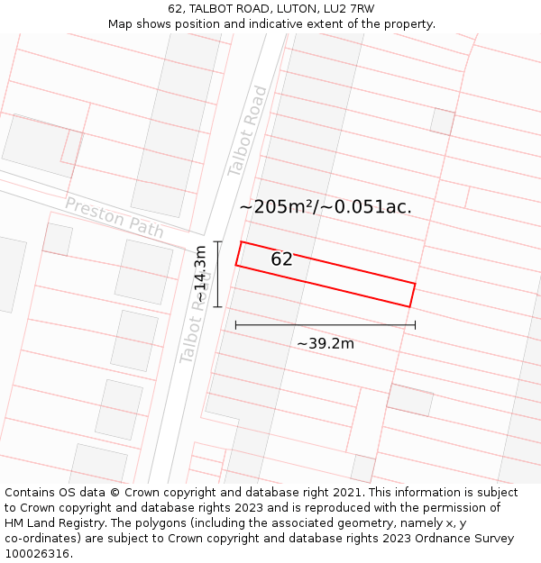 62, TALBOT ROAD, LUTON, LU2 7RW: Plot and title map