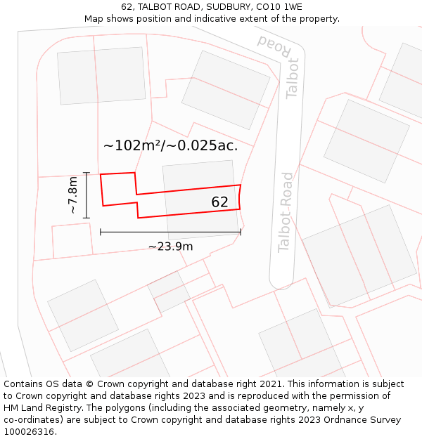 62, TALBOT ROAD, SUDBURY, CO10 1WE: Plot and title map