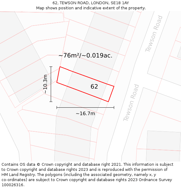 62, TEWSON ROAD, LONDON, SE18 1AY: Plot and title map
