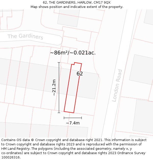 62, THE GARDINERS, HARLOW, CM17 9QX: Plot and title map