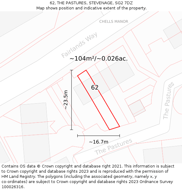 62, THE PASTURES, STEVENAGE, SG2 7DZ: Plot and title map