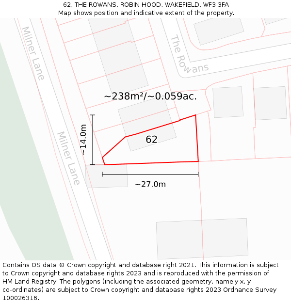 62, THE ROWANS, ROBIN HOOD, WAKEFIELD, WF3 3FA: Plot and title map