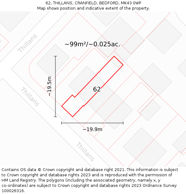 62, THILLANS, CRANFIELD, BEDFORD, MK43 0WP: Plot and title map