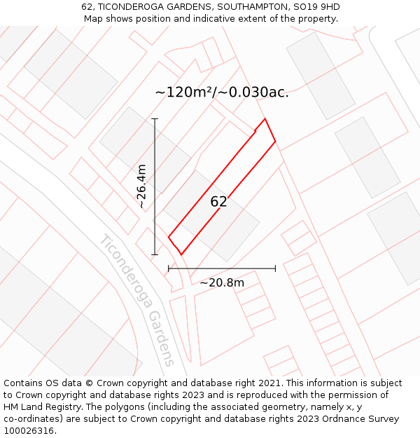 62, TICONDEROGA GARDENS, SOUTHAMPTON, SO19 9HD: Plot and title map