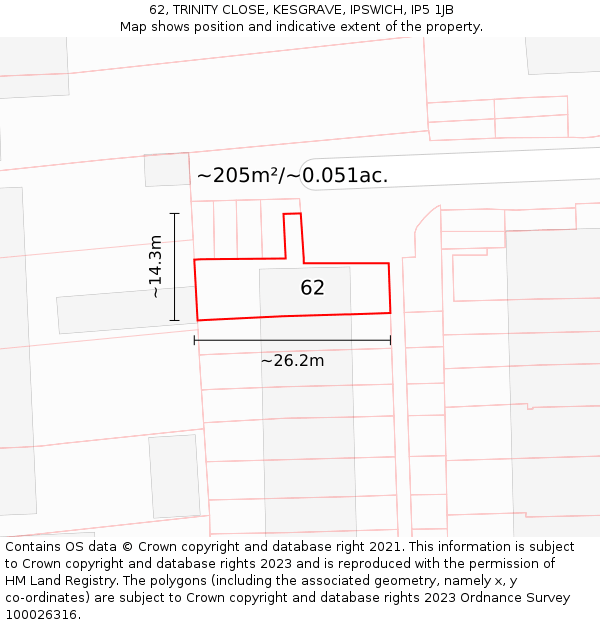 62, TRINITY CLOSE, KESGRAVE, IPSWICH, IP5 1JB: Plot and title map