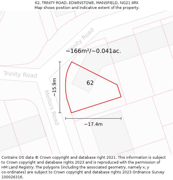 62, TRINITY ROAD, EDWINSTOWE, MANSFIELD, NG21 9RX: Plot and title map