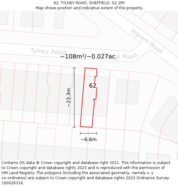 62, TYLNEY ROAD, SHEFFIELD, S2 2RY: Plot and title map