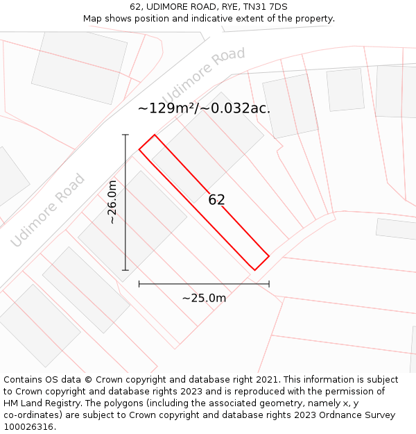 62, UDIMORE ROAD, RYE, TN31 7DS: Plot and title map