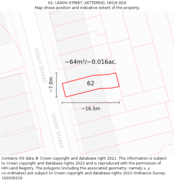 62, UNION STREET, KETTERING, NN16 9DA: Plot and title map