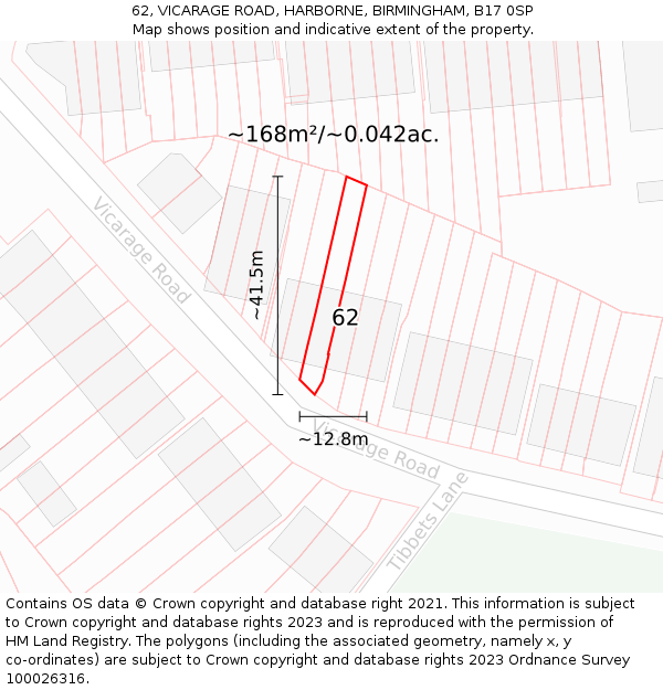 62, VICARAGE ROAD, HARBORNE, BIRMINGHAM, B17 0SP: Plot and title map