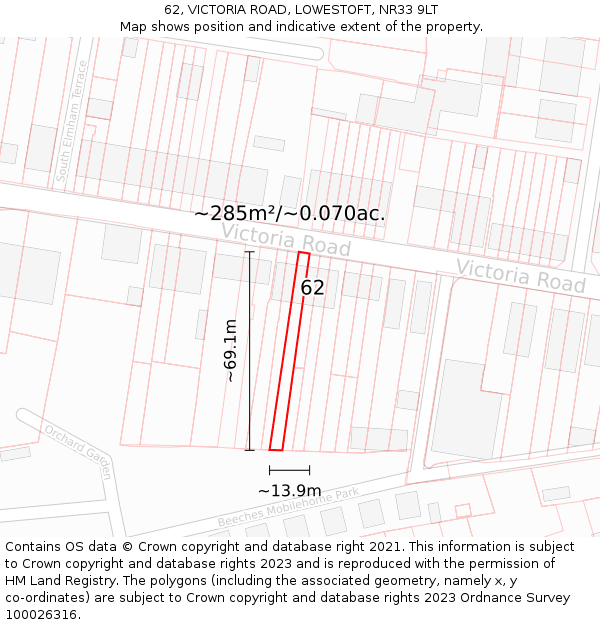 62, VICTORIA ROAD, LOWESTOFT, NR33 9LT: Plot and title map