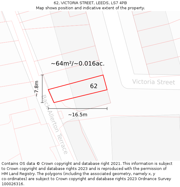 62, VICTORIA STREET, LEEDS, LS7 4PB: Plot and title map