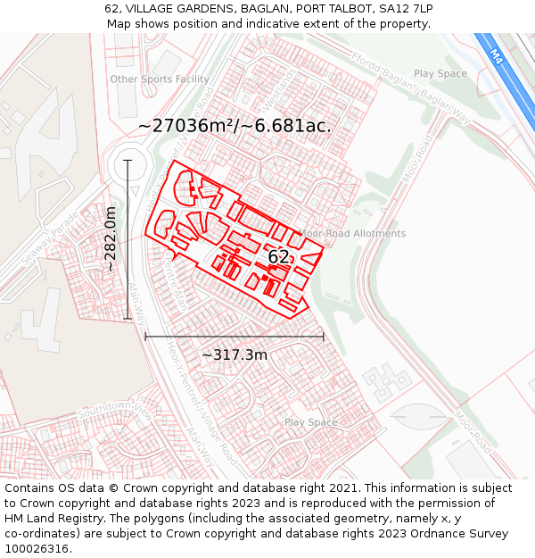 62, VILLAGE GARDENS, BAGLAN, PORT TALBOT, SA12 7LP: Plot and title map