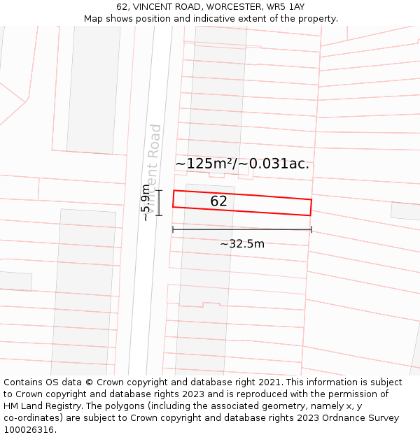 62, VINCENT ROAD, WORCESTER, WR5 1AY: Plot and title map