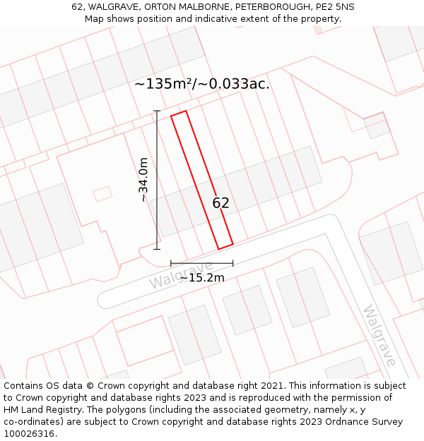 62, WALGRAVE, ORTON MALBORNE, PETERBOROUGH, PE2 5NS: Plot and title map