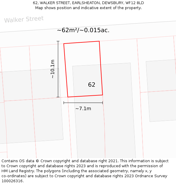 62, WALKER STREET, EARLSHEATON, DEWSBURY, WF12 8LD: Plot and title map