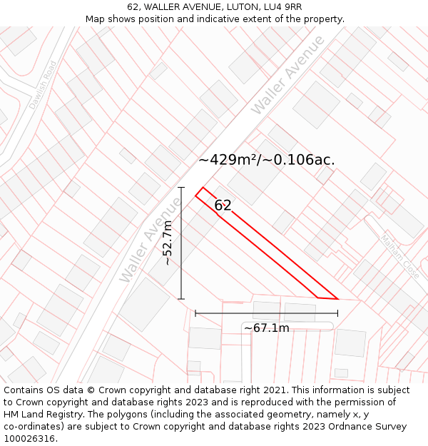 62, WALLER AVENUE, LUTON, LU4 9RR: Plot and title map