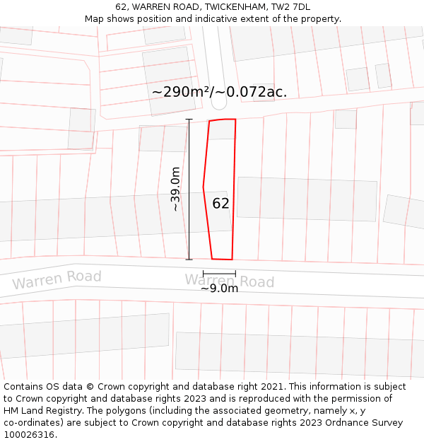 62, WARREN ROAD, TWICKENHAM, TW2 7DL: Plot and title map