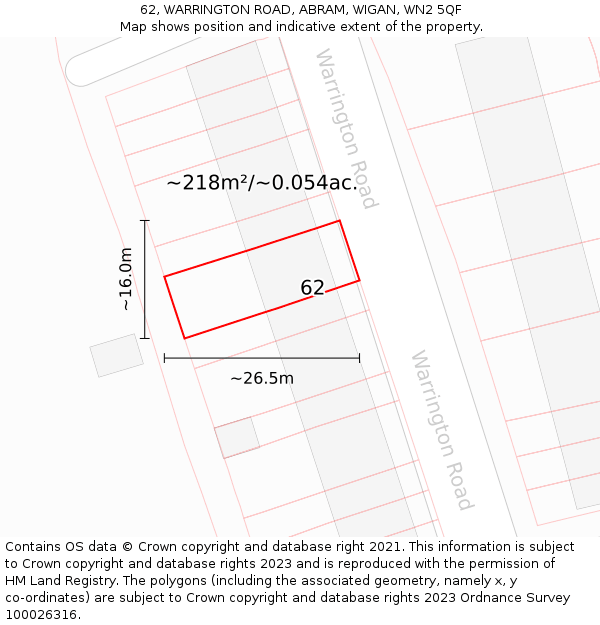 62, WARRINGTON ROAD, ABRAM, WIGAN, WN2 5QF: Plot and title map