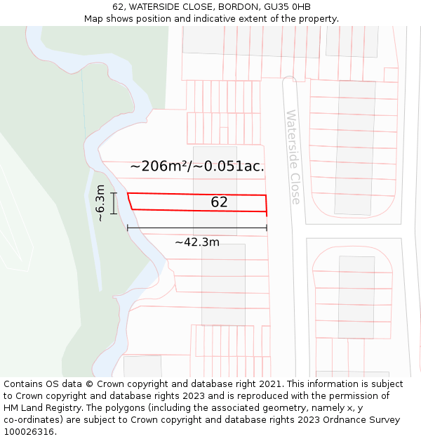 62, WATERSIDE CLOSE, BORDON, GU35 0HB: Plot and title map