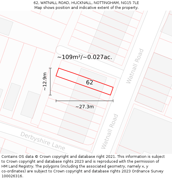 62, WATNALL ROAD, HUCKNALL, NOTTINGHAM, NG15 7LE: Plot and title map