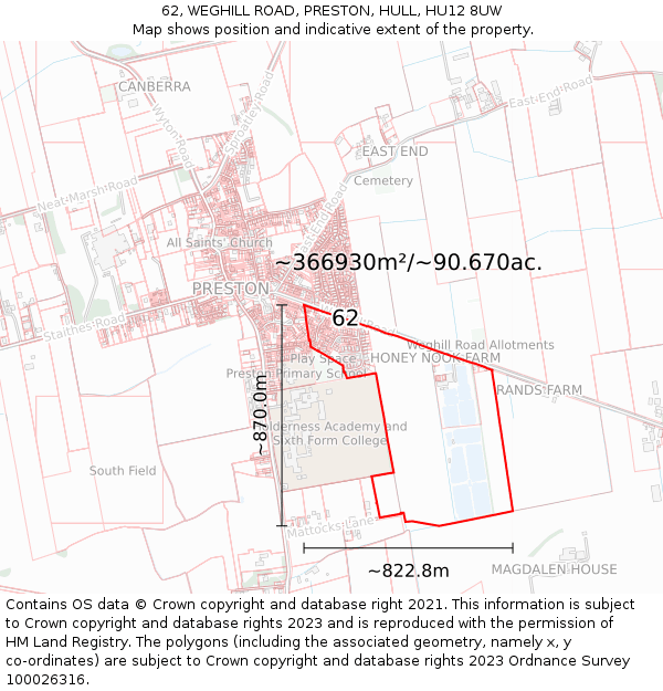 62, WEGHILL ROAD, PRESTON, HULL, HU12 8UW: Plot and title map