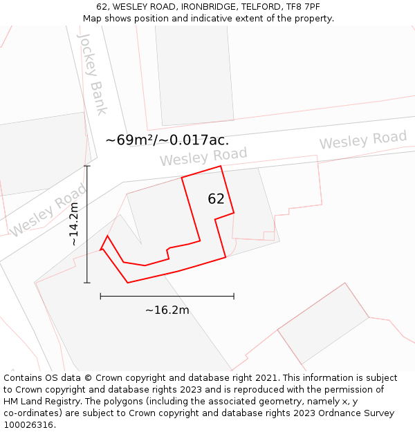 62, WESLEY ROAD, IRONBRIDGE, TELFORD, TF8 7PF: Plot and title map