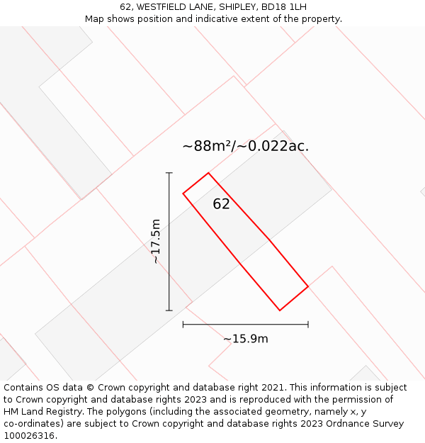 62, WESTFIELD LANE, SHIPLEY, BD18 1LH: Plot and title map