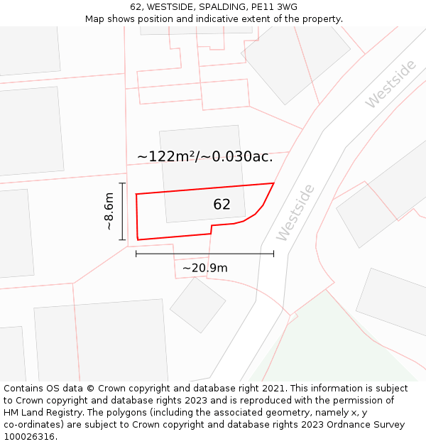 62, WESTSIDE, SPALDING, PE11 3WG: Plot and title map