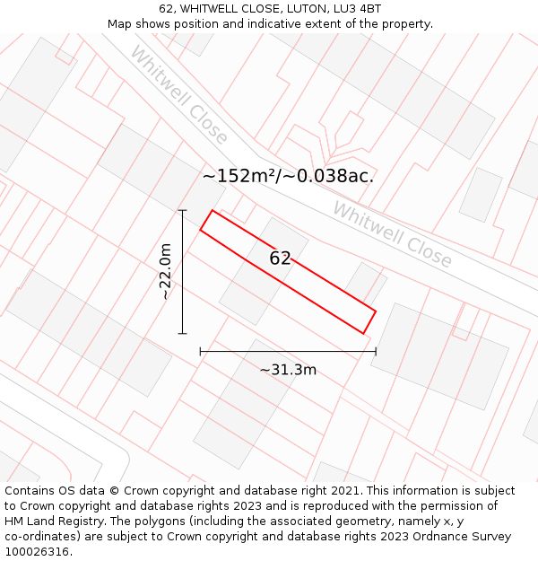 62, WHITWELL CLOSE, LUTON, LU3 4BT: Plot and title map