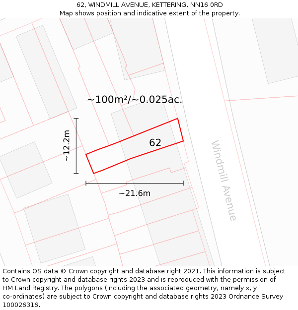 62, WINDMILL AVENUE, KETTERING, NN16 0RD: Plot and title map