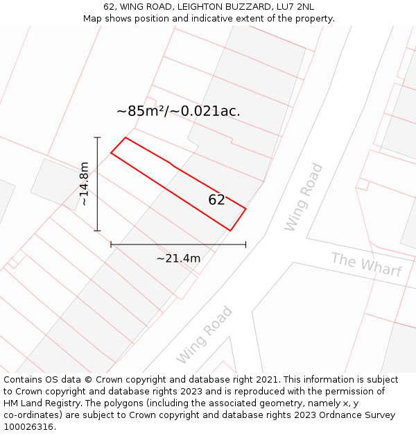 62, WING ROAD, LEIGHTON BUZZARD, LU7 2NL: Plot and title map