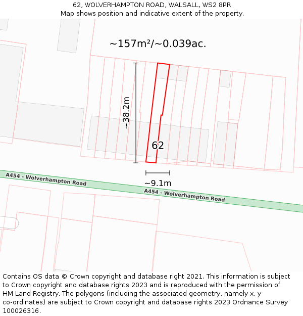 62, WOLVERHAMPTON ROAD, WALSALL, WS2 8PR: Plot and title map
