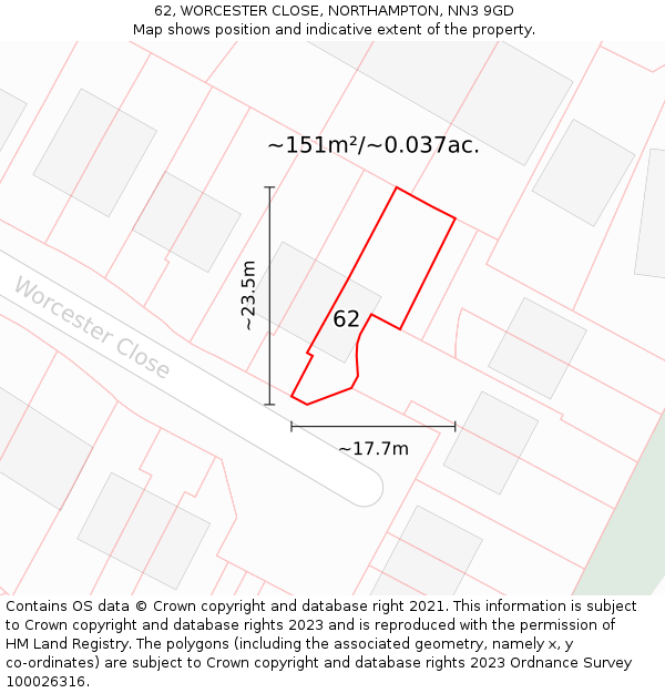 62, WORCESTER CLOSE, NORTHAMPTON, NN3 9GD: Plot and title map
