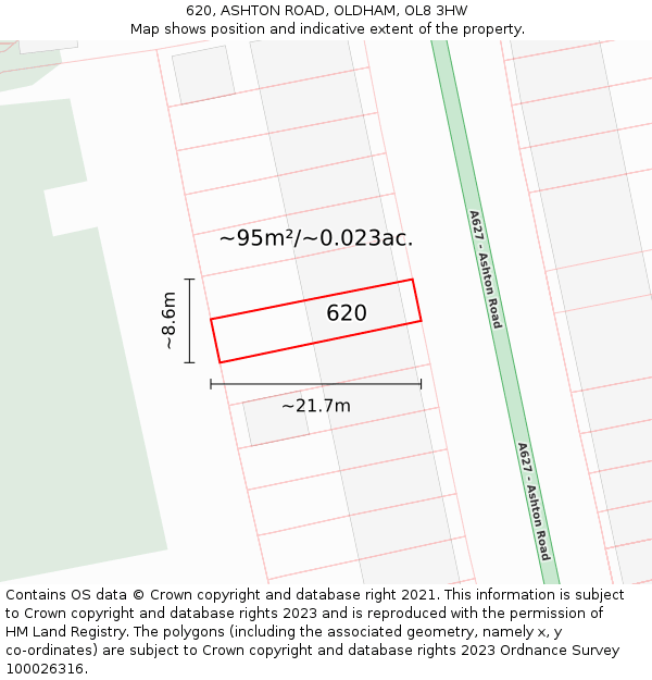 620, ASHTON ROAD, OLDHAM, OL8 3HW: Plot and title map