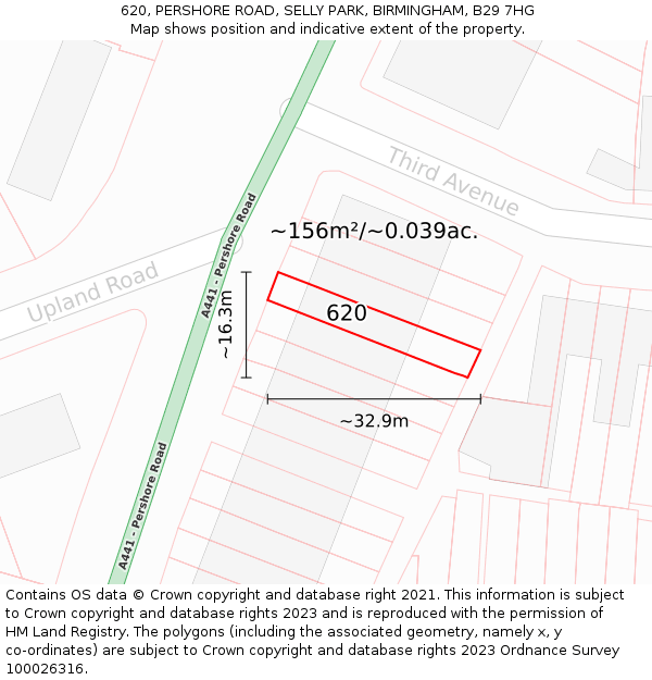 620, PERSHORE ROAD, SELLY PARK, BIRMINGHAM, B29 7HG: Plot and title map